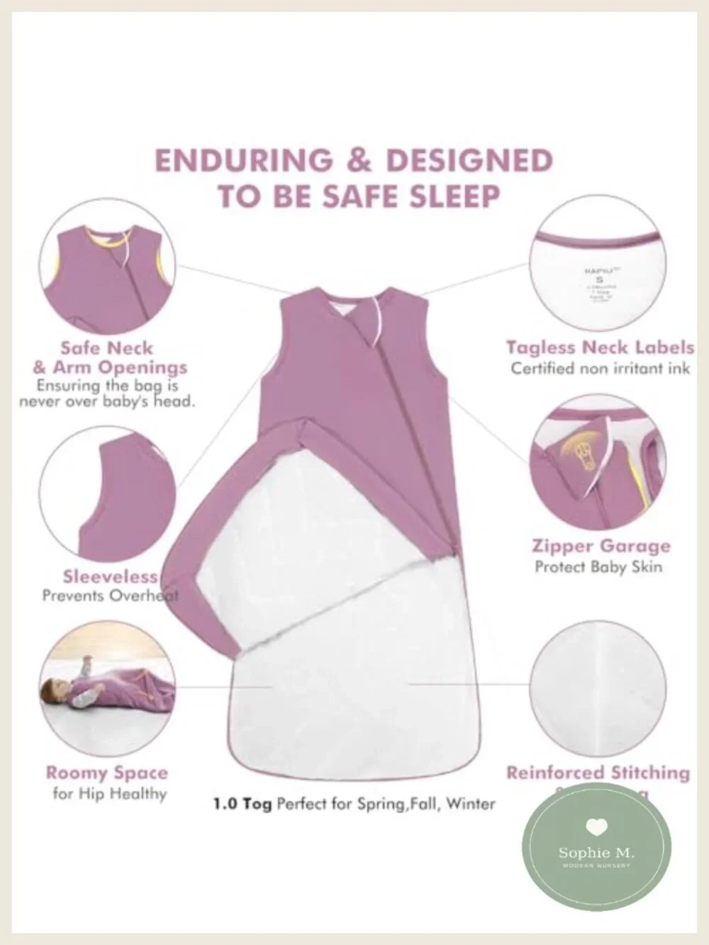 Baby Sleep Sack 1.0 TOG, Rayon from Bamboo, 2-Way Zipper, Wearable Blanket